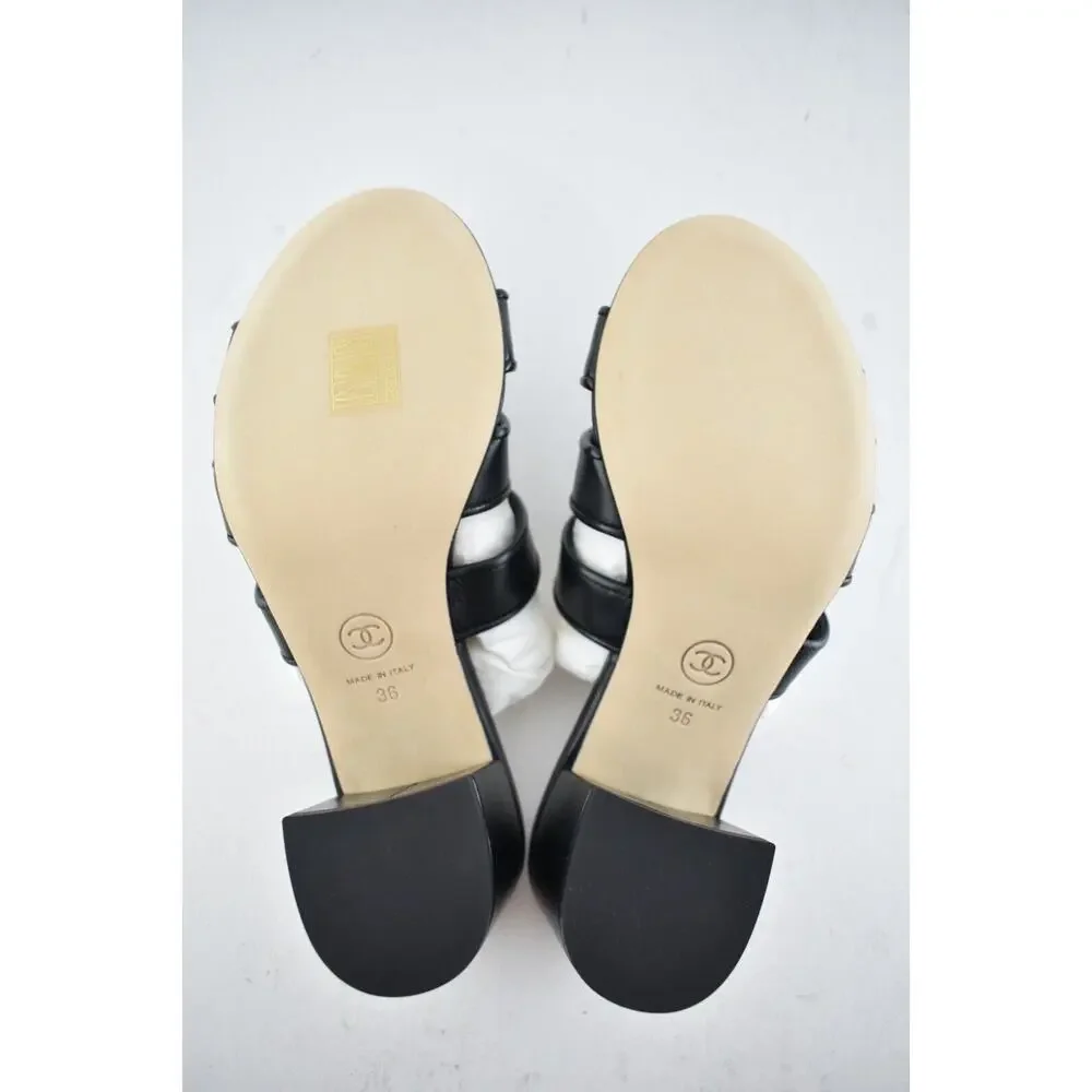 Chanel 19P Black Leather Turnlock CC Logo Mule Strap Slide Block Heel Sandal 36 - Picture 12 of 12